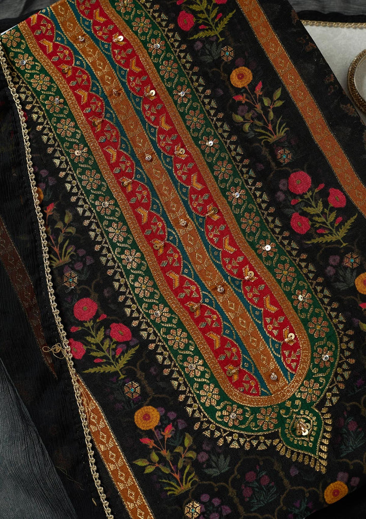 Black Zariwork (Gold) Dola Silk Unstitched Salwar Suit-koskii