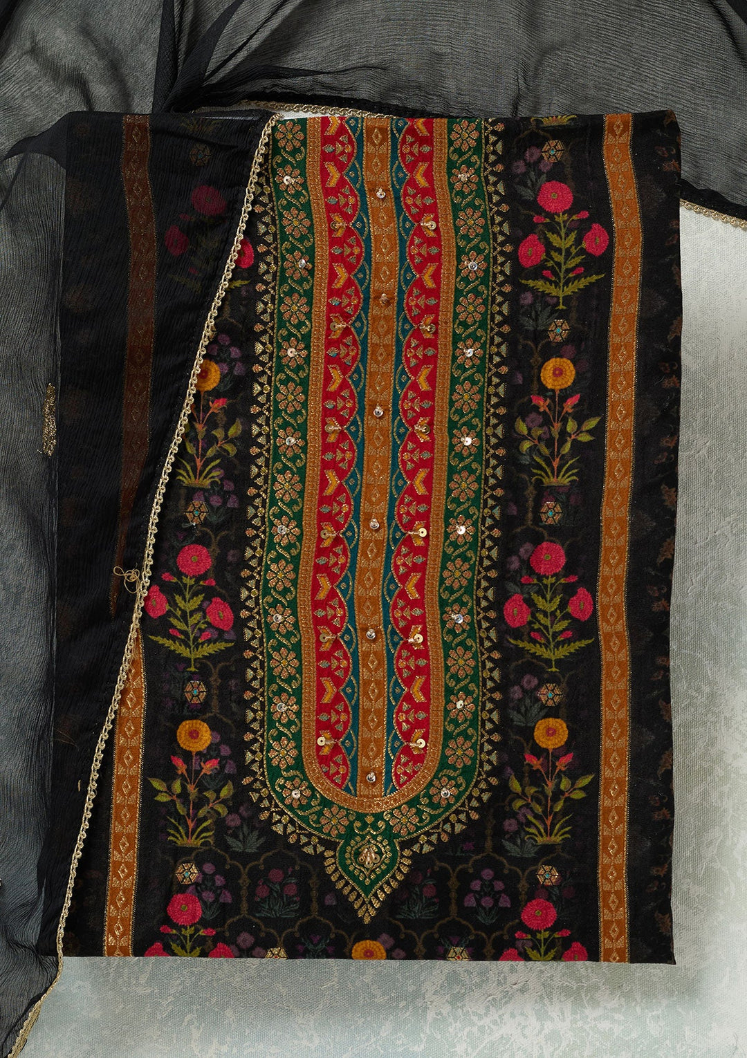 Black Zariwork (Gold) Dola Silk Unstitched Salwar Suit-koskii