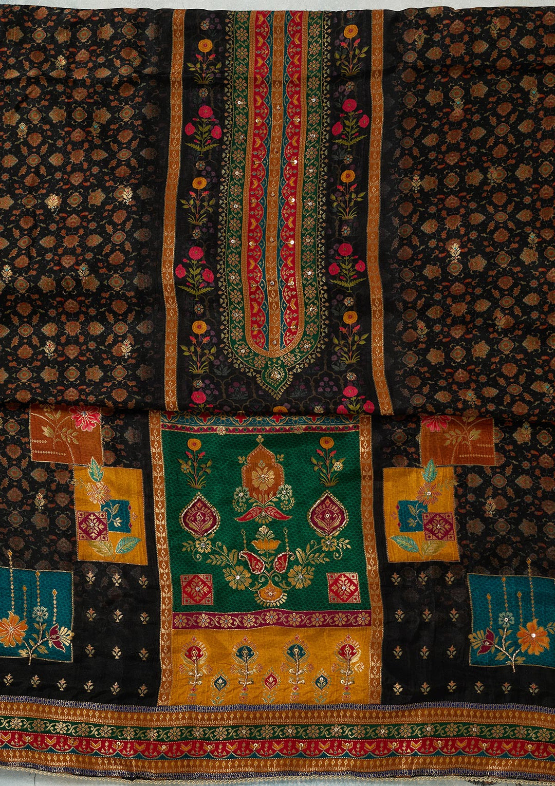 Black Zariwork (Gold) Dola Silk Unstitched Salwar Suit-koskii