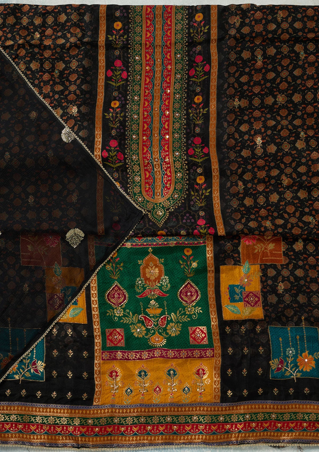 Black Zariwork (Gold) Dola Silk Unstitched Salwar Suit-koskii