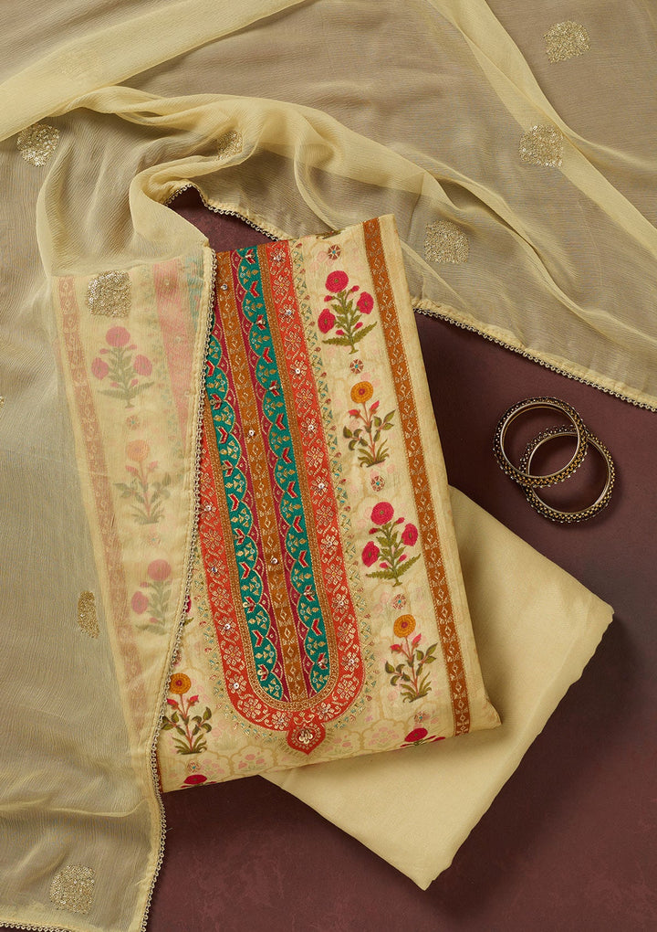 Cream Threadwork Dola Silk Unstitched Salwar Suit-koskii
