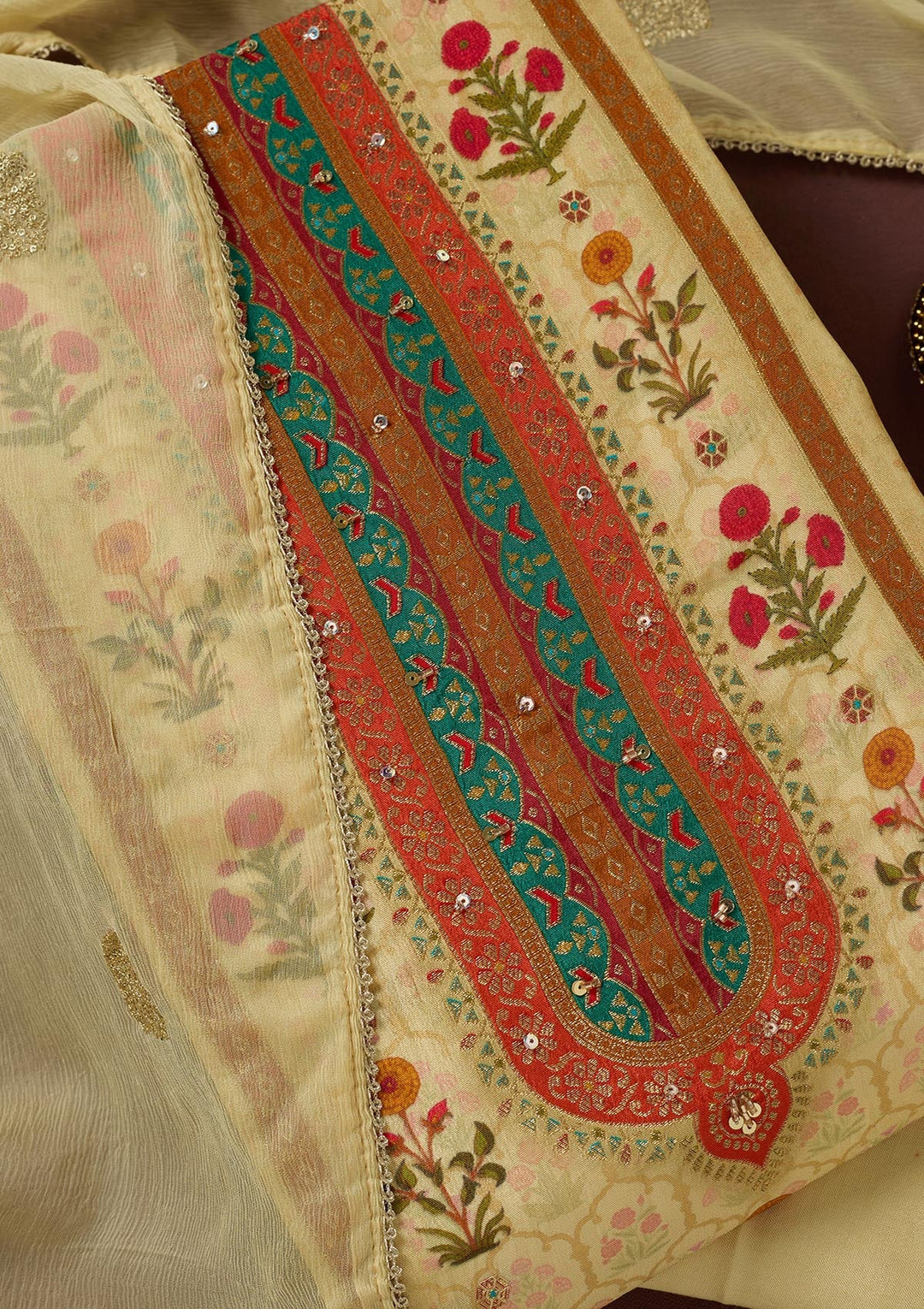 Cream Threadwork Dola Silk Unstitched Salwar Suit-koskii