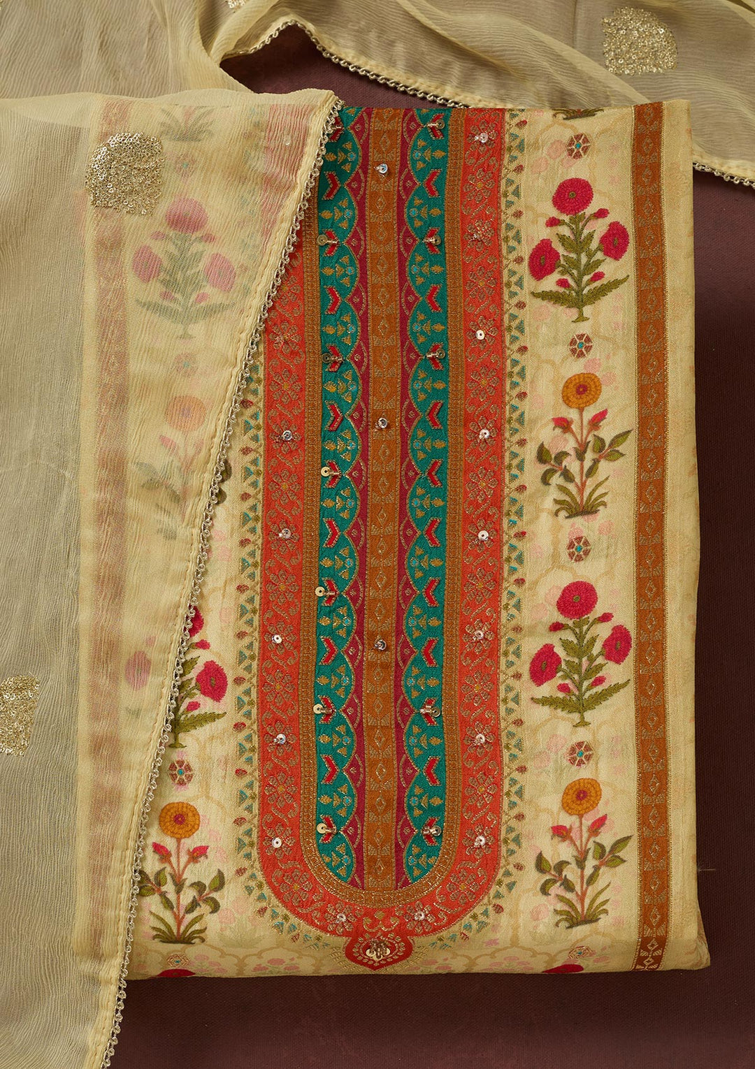 Cream Threadwork Dola Silk Unstitched Salwar Suit-koskii