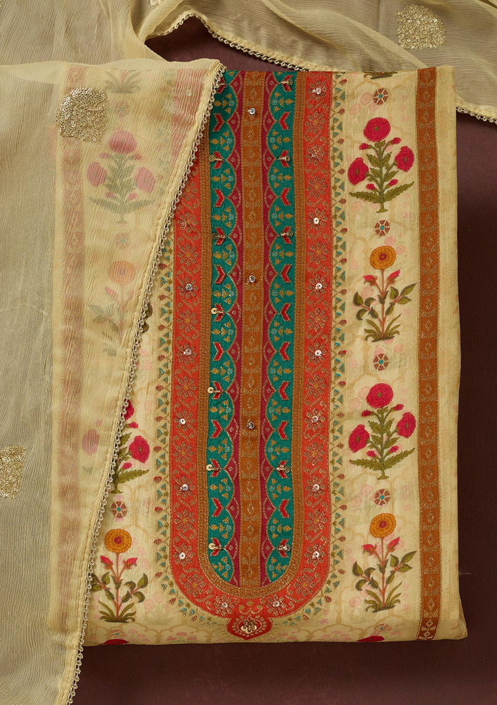 Cream Threadwork Dola Silk Unstitched Salwar Suit-koskii