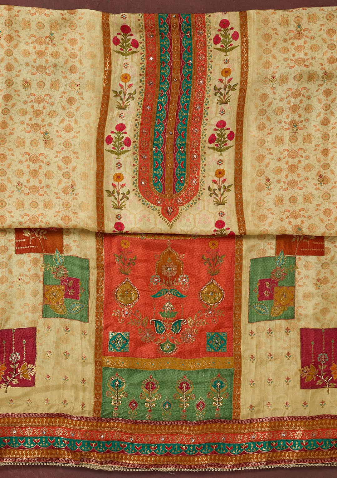 Cream Threadwork Dola Silk Unstitched Salwar Suit-koskii