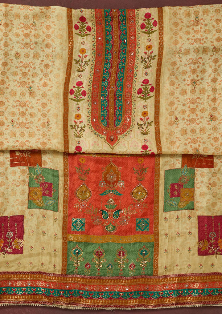 Cream Threadwork Dola Silk Unstitched Salwar Suit-koskii