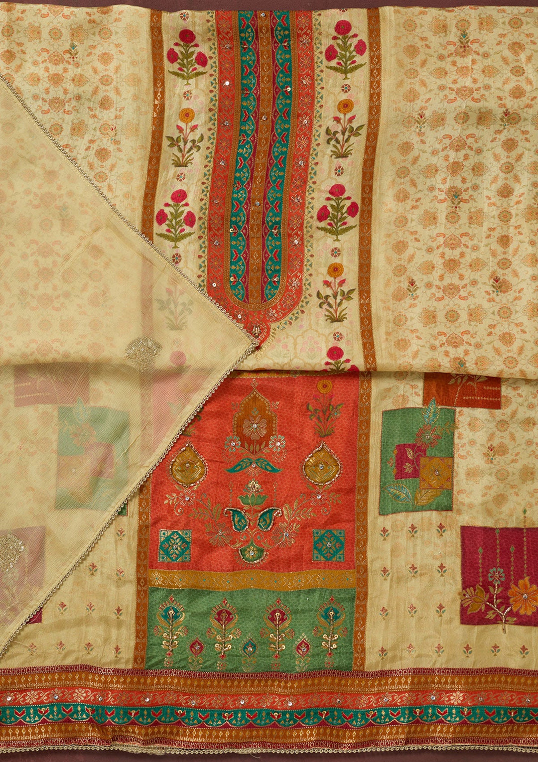 Cream Threadwork Dola Silk Unstitched Salwar Suit-koskii