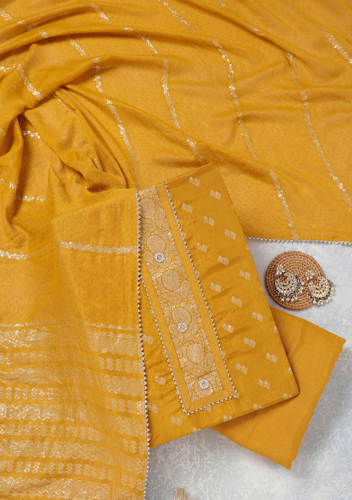 Mustard Zariwork (Gold) Dola Silk Unstitched Salwar Suit_koskii