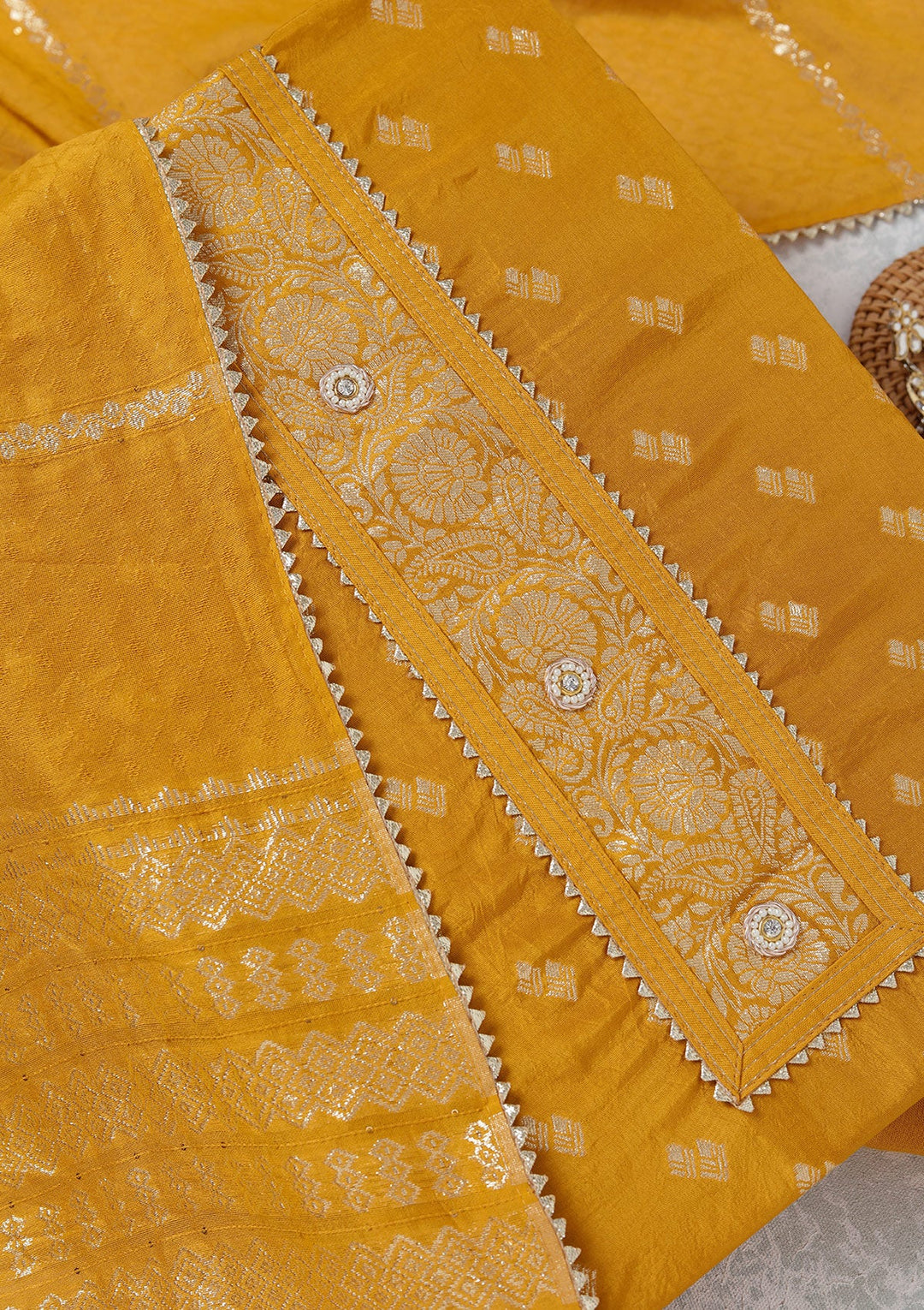 Mustard Zariwork (Gold) Dola Silk Unstitched Salwar Suit_koskii