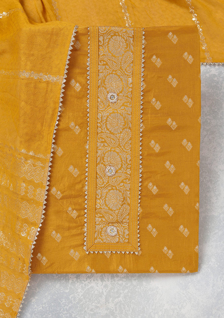 Mustard Zariwork (Gold) Dola Silk Unstitched Salwar Suit_koskii