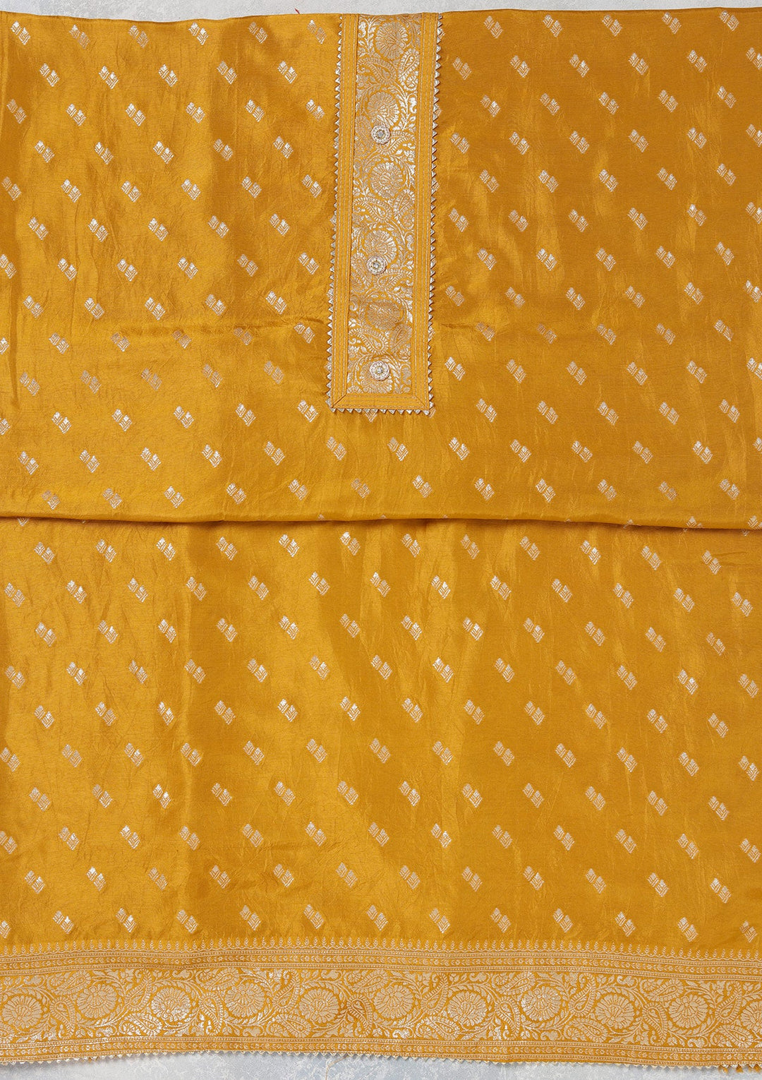 Mustard Zariwork (Gold) Dola Silk Unstitched Salwar Suit_koskii