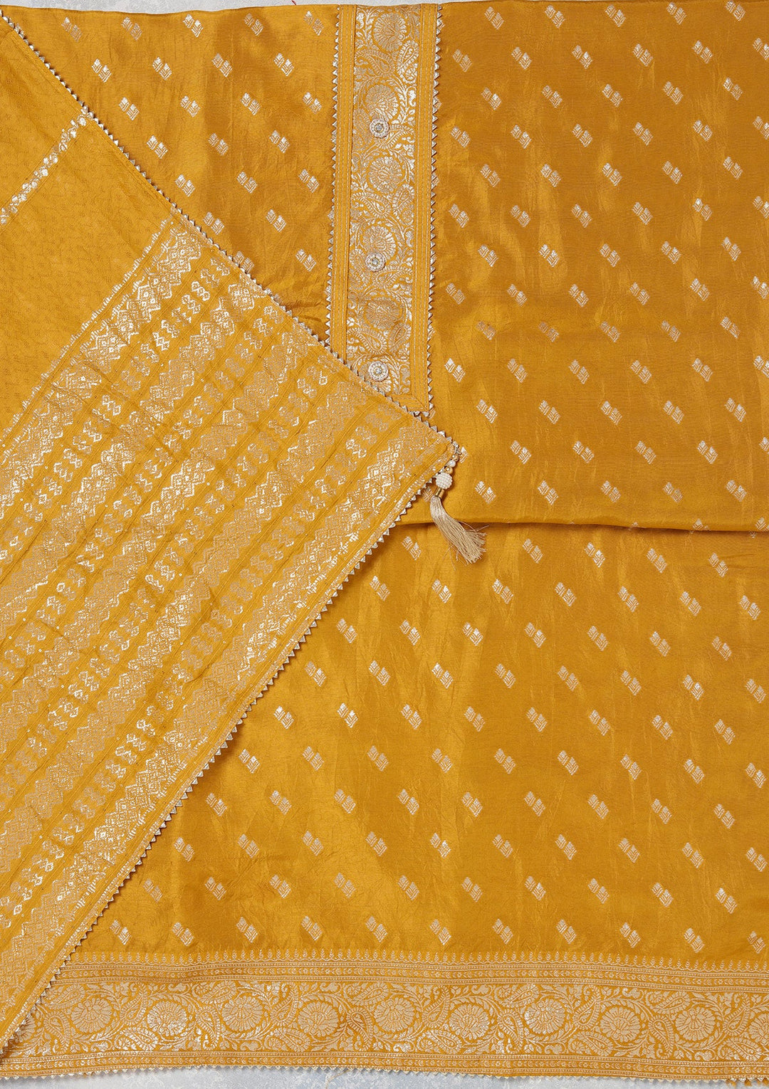 Mustard Zariwork (Gold) Dola Silk Unstitched Salwar Suit_koskii