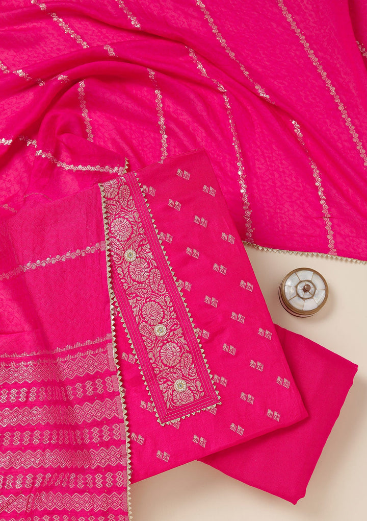 Rani Pink Zariwork (Gold) Dola Silk Unstitched Salwar Suit_koskii