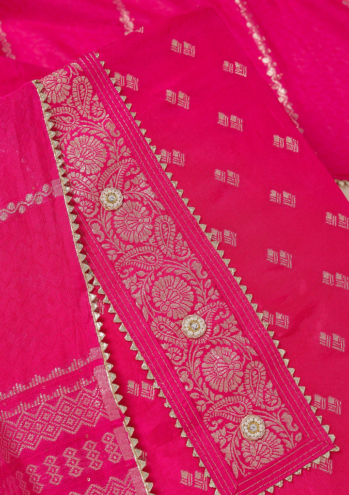 Rani Pink Zariwork (Gold) Dola Silk Unstitched Salwar Suit_koskii
