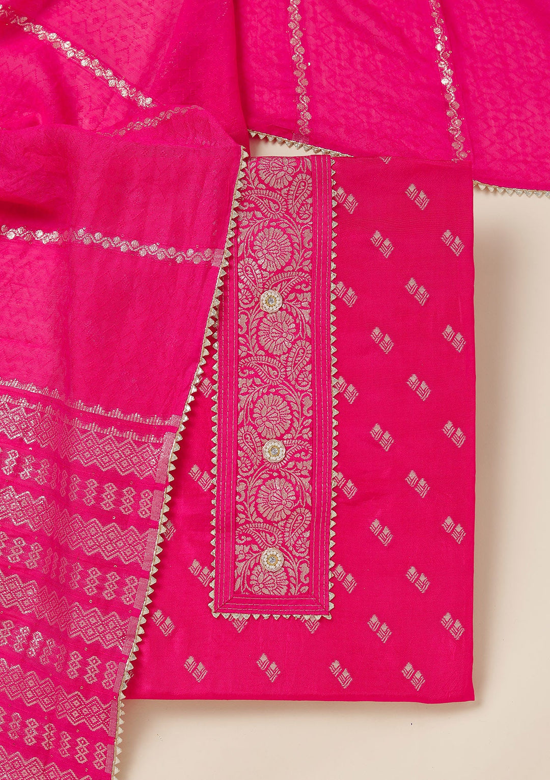 Rani Pink Zariwork (Gold) Dola Silk Unstitched Salwar Suit_koskii