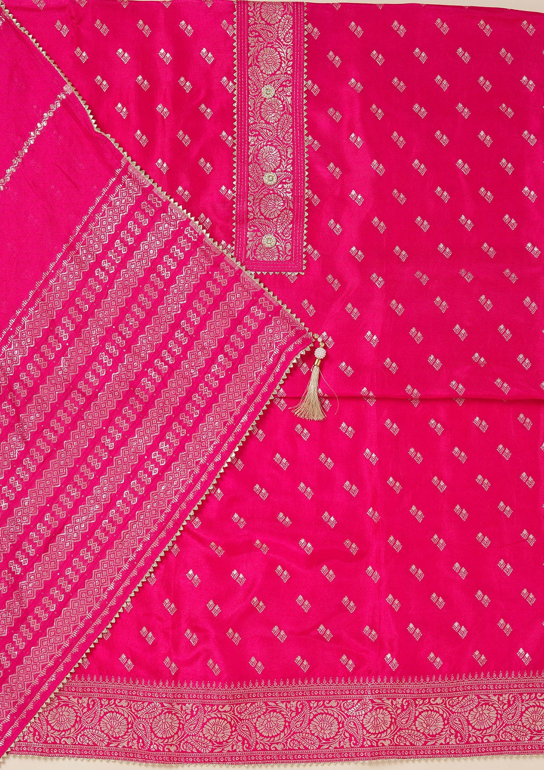 Rani Pink Zariwork (Gold) Dola Silk Unstitched Salwar Suit_koskii