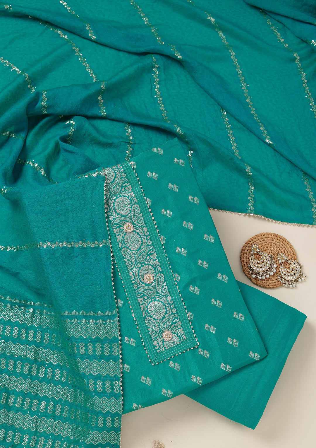 Sea Green Zariwork (Gold) Dola Silk Unstitched Salwar Suit_koskii