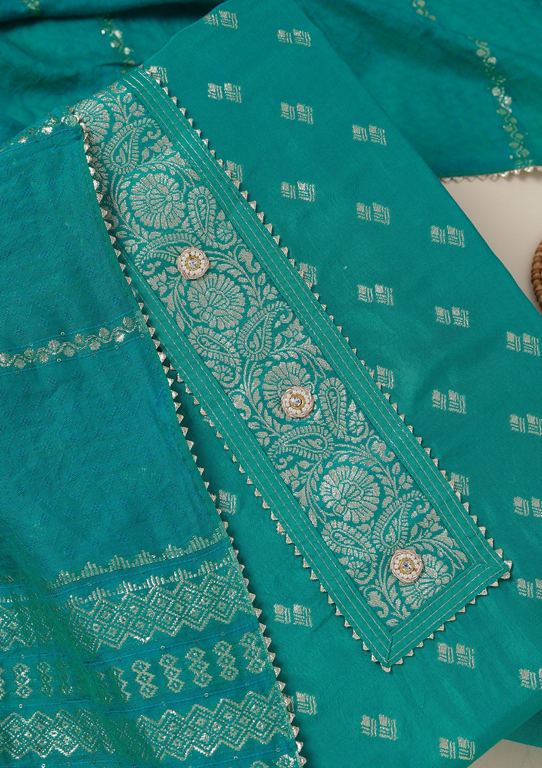 Sea Green Zariwork (Gold) Dola Silk Unstitched Salwar Suit_koskii