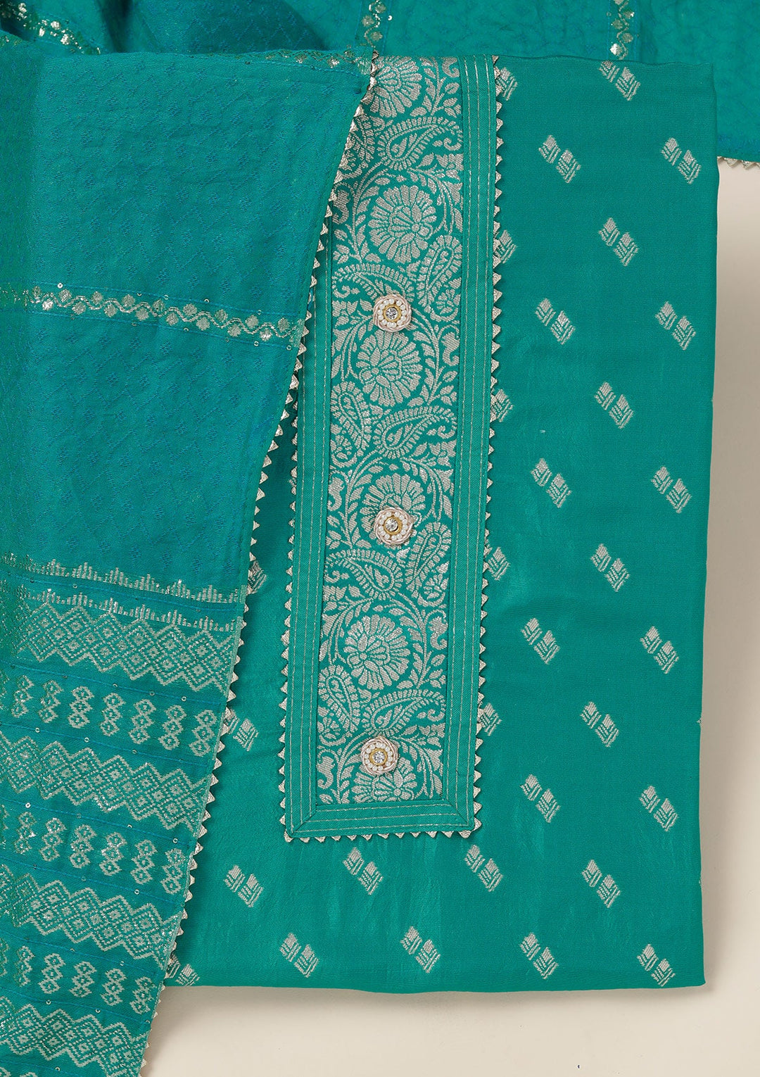 Sea Green Zariwork (Gold) Dola Silk Unstitched Salwar Suit_koskii