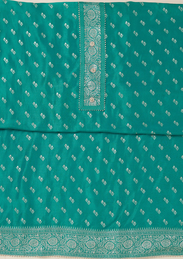 Sea Green Zariwork (Gold) Dola Silk Unstitched Salwar Suit_koskii
