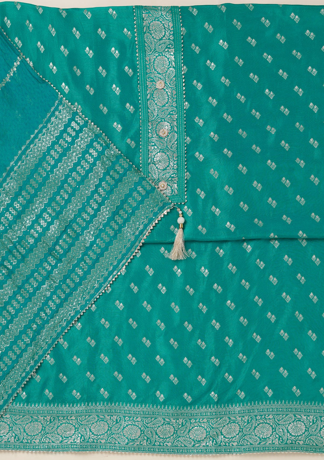 Sea Green Zariwork (Gold) Dola Silk Unstitched Salwar Suit_koskii