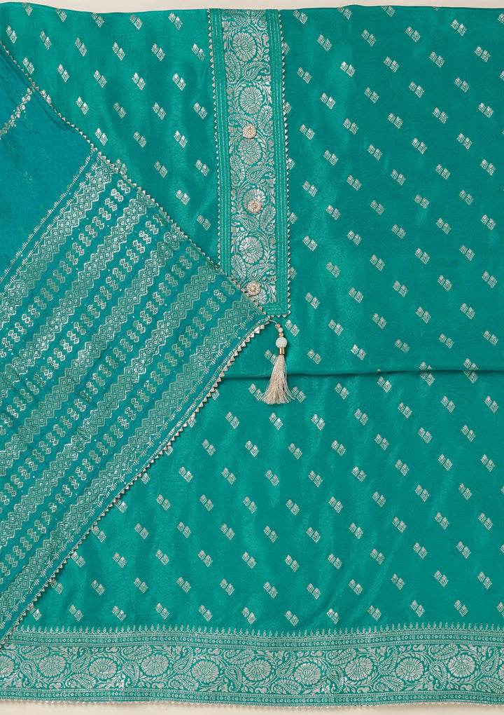 Sea Green Zariwork (Gold) Dola Silk Unstitched Salwar Suit_koskii