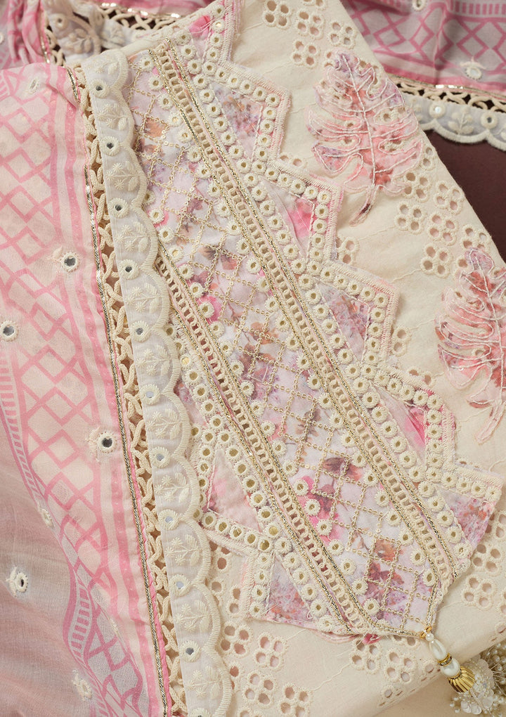 Cream Threadwork Cotton Unstitched Salwar Suit-koskii