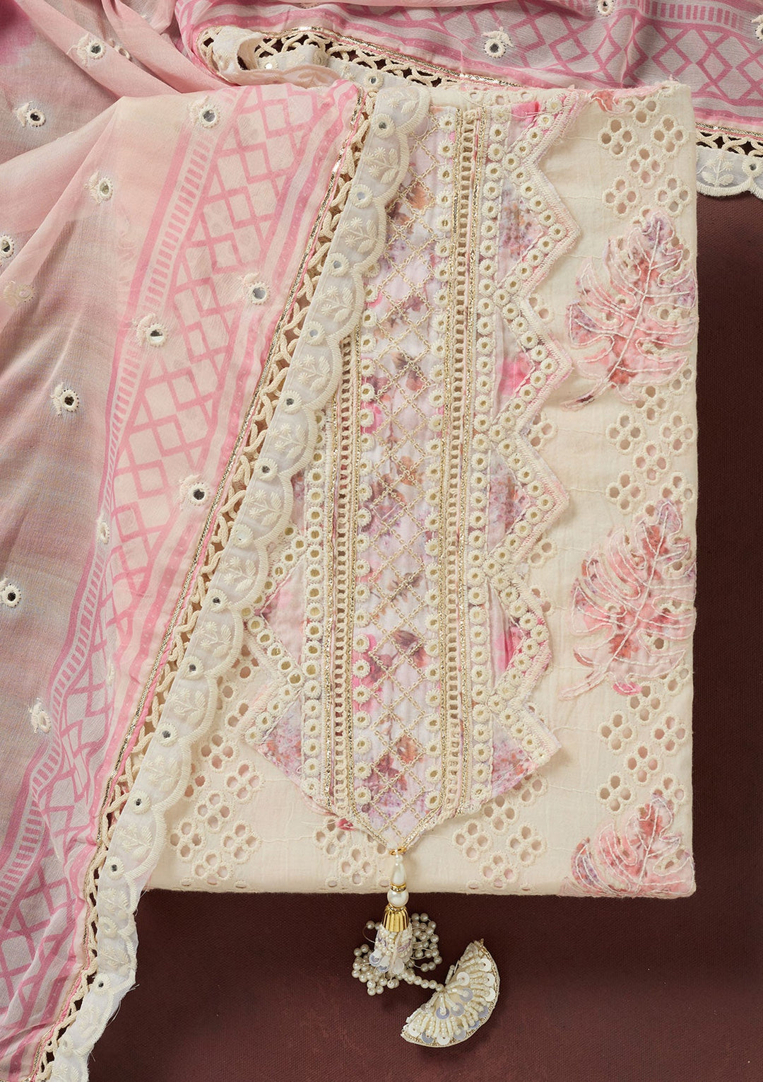 Cream Threadwork Cotton Unstitched Salwar Suit-koskii