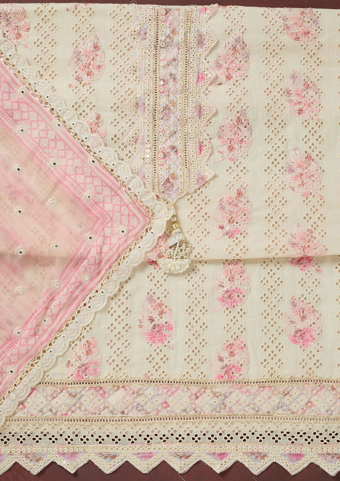 Cream Threadwork Cotton Unstitched Salwar Suit-koskii