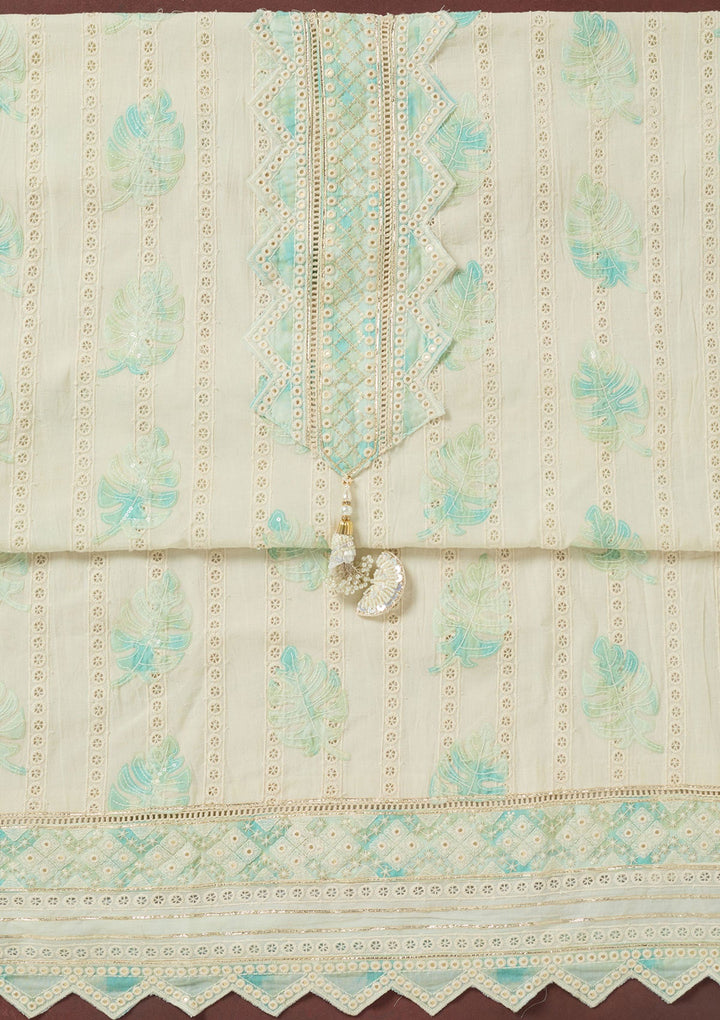 Cream Threadwork Cotton Unstitched Salwar Suit-koskii