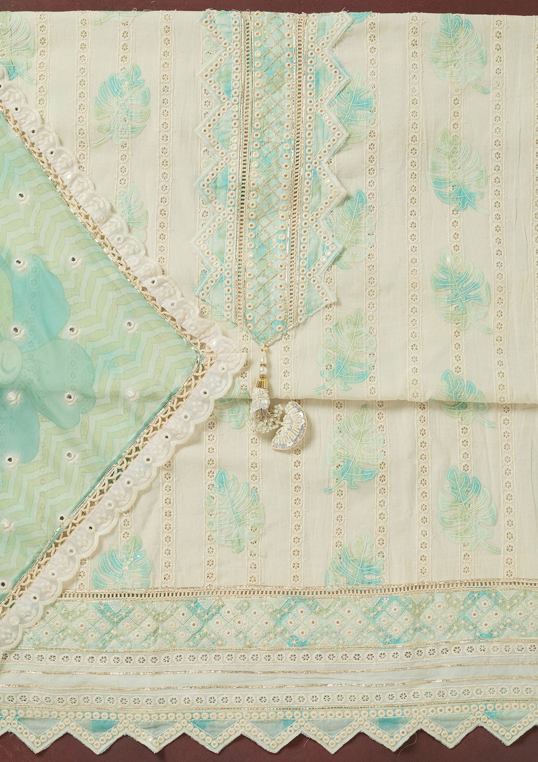 Cream Threadwork Cotton Unstitched Salwar Suit-koskii