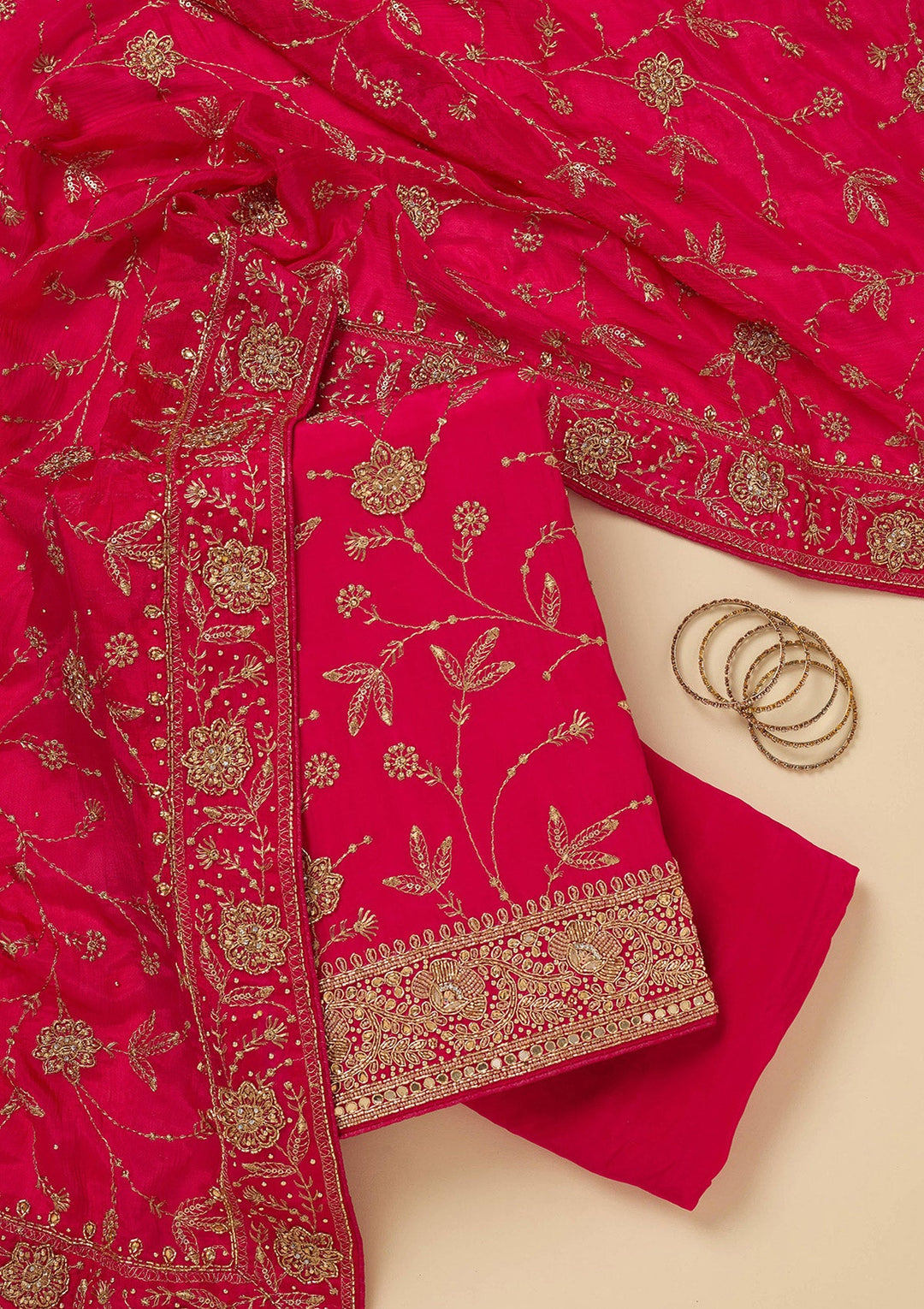 Rani Pink Zariwork (Gold) Semi Crepe Unstitched Salwar Suit_koskii