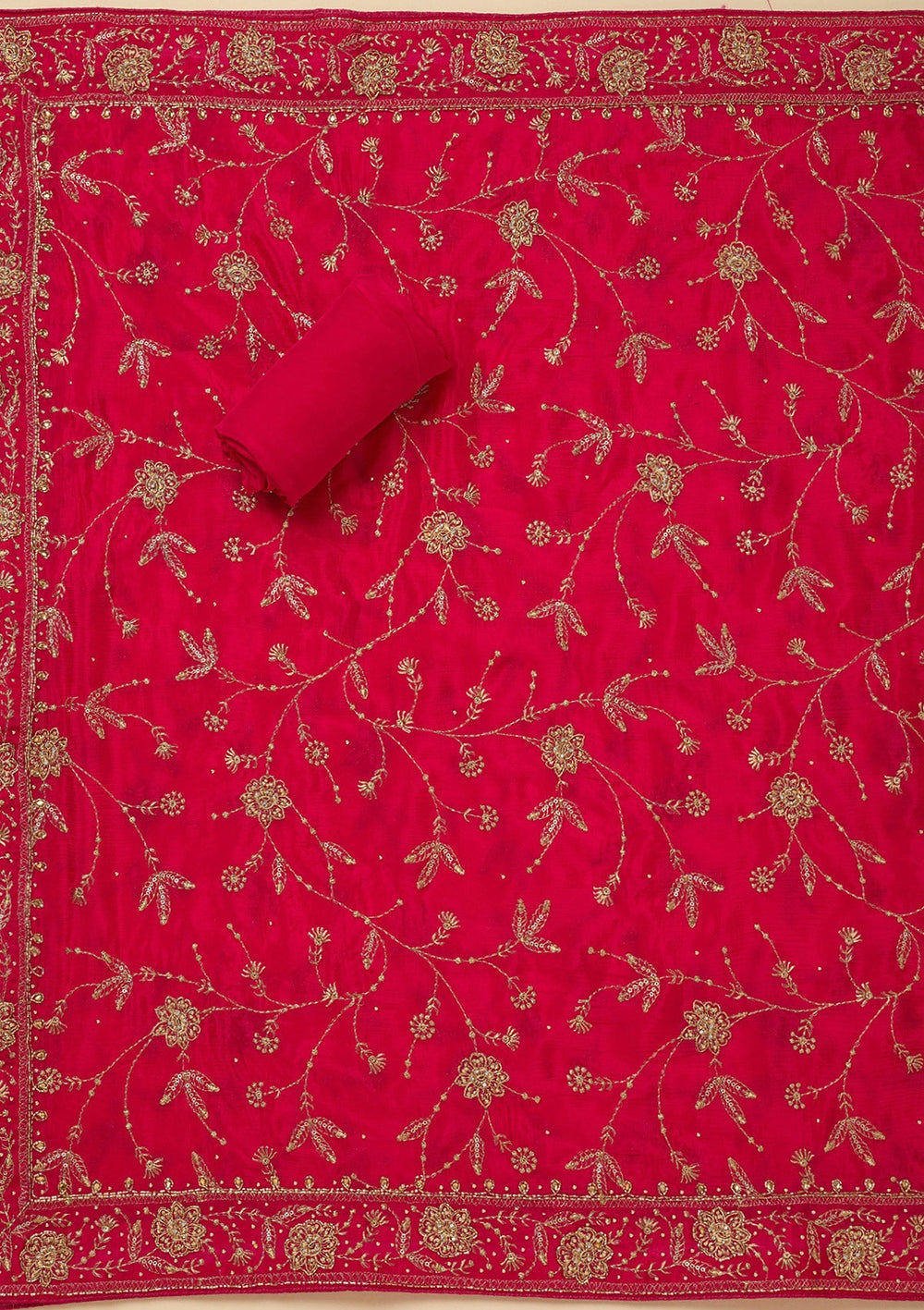 Rani Pink Zariwork (Gold) Semi Crepe Unstitched Salwar Suit_koskii