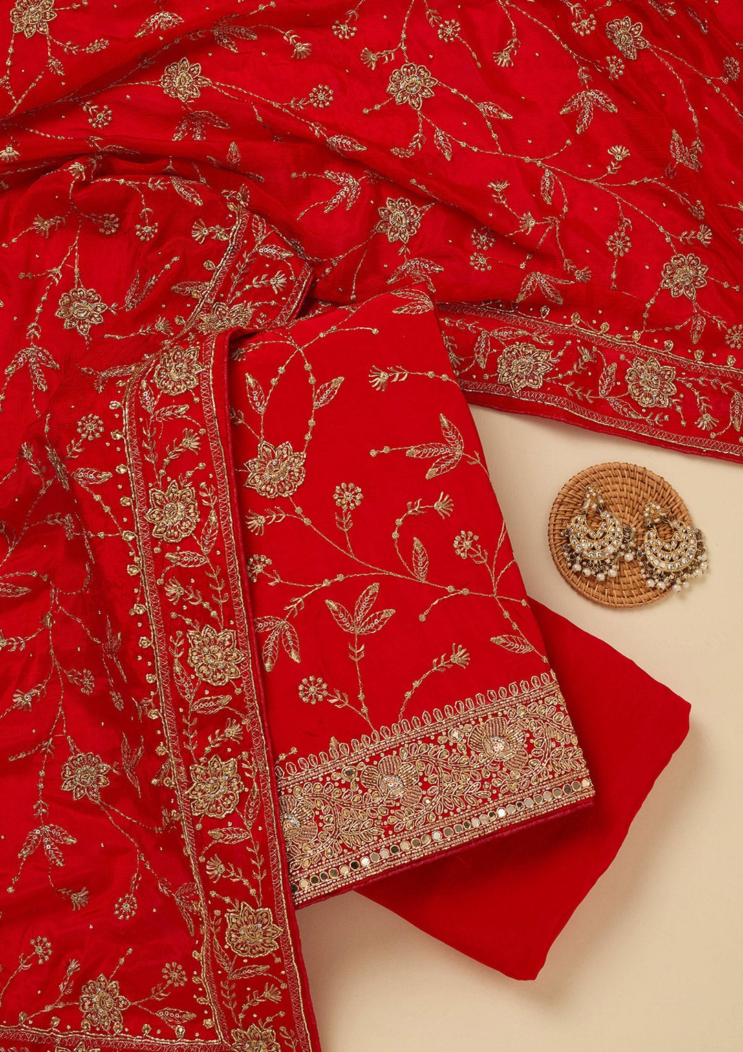 Red Zariwork (Gold) Semi Crepe Unstitched Salwar Suit_koskii