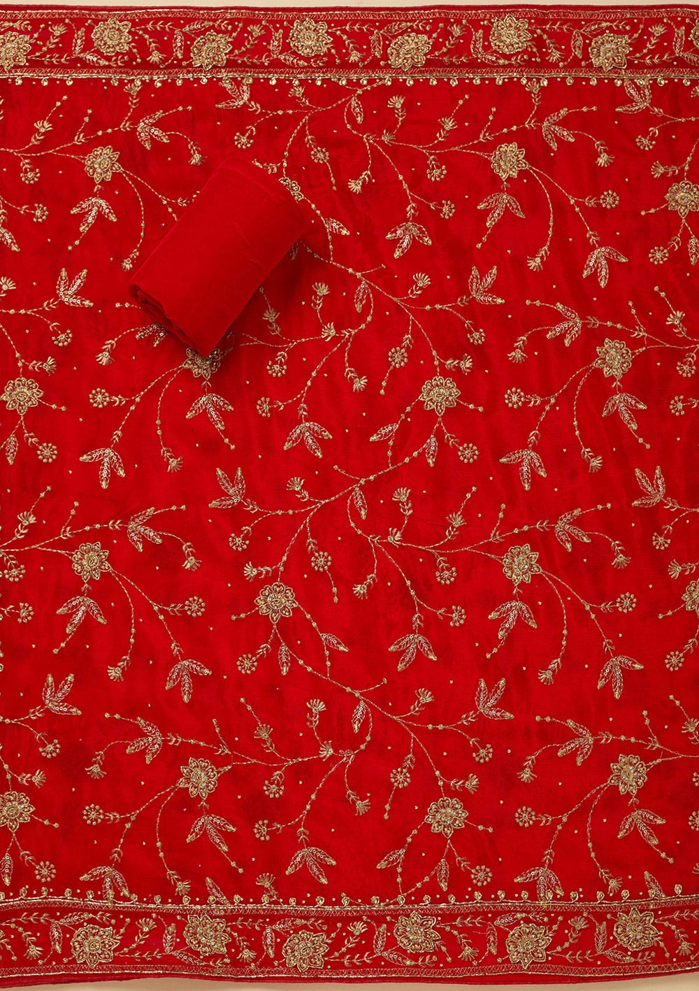 Red Zariwork (Gold) Semi Crepe Unstitched Salwar Suit_koskii