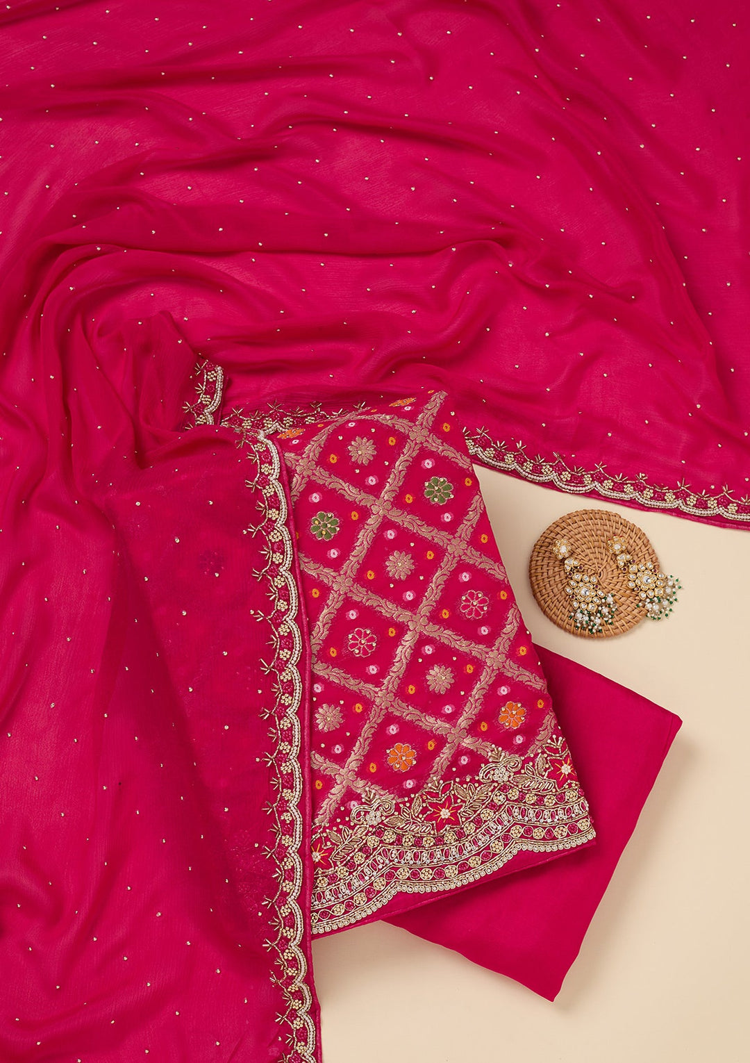 Rani Pink Stonework Georgette Unstitched Salwar Suit-Koskii