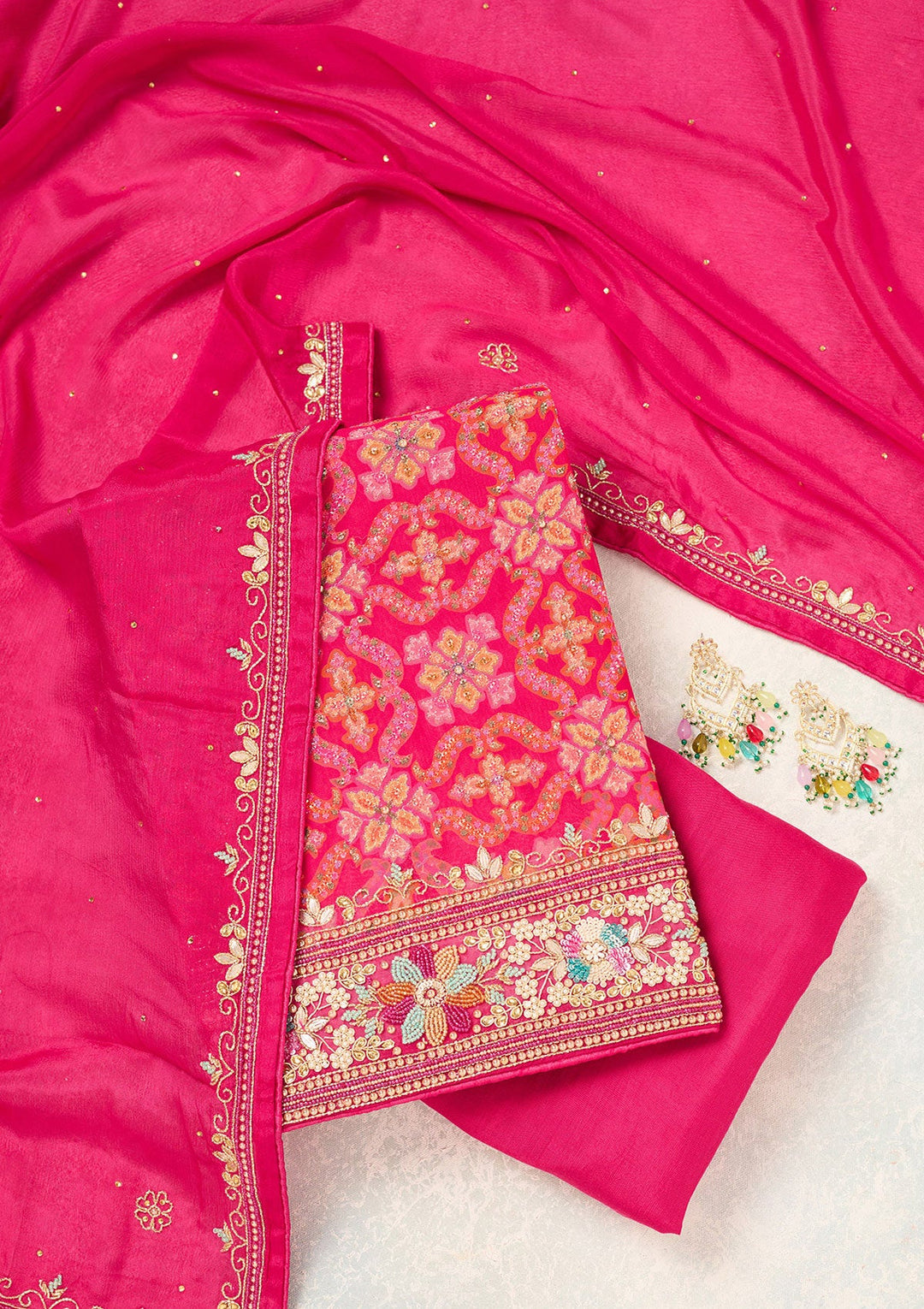 Rani Pink Stonework Georgette Unstitched Salwar Suit-Koskii