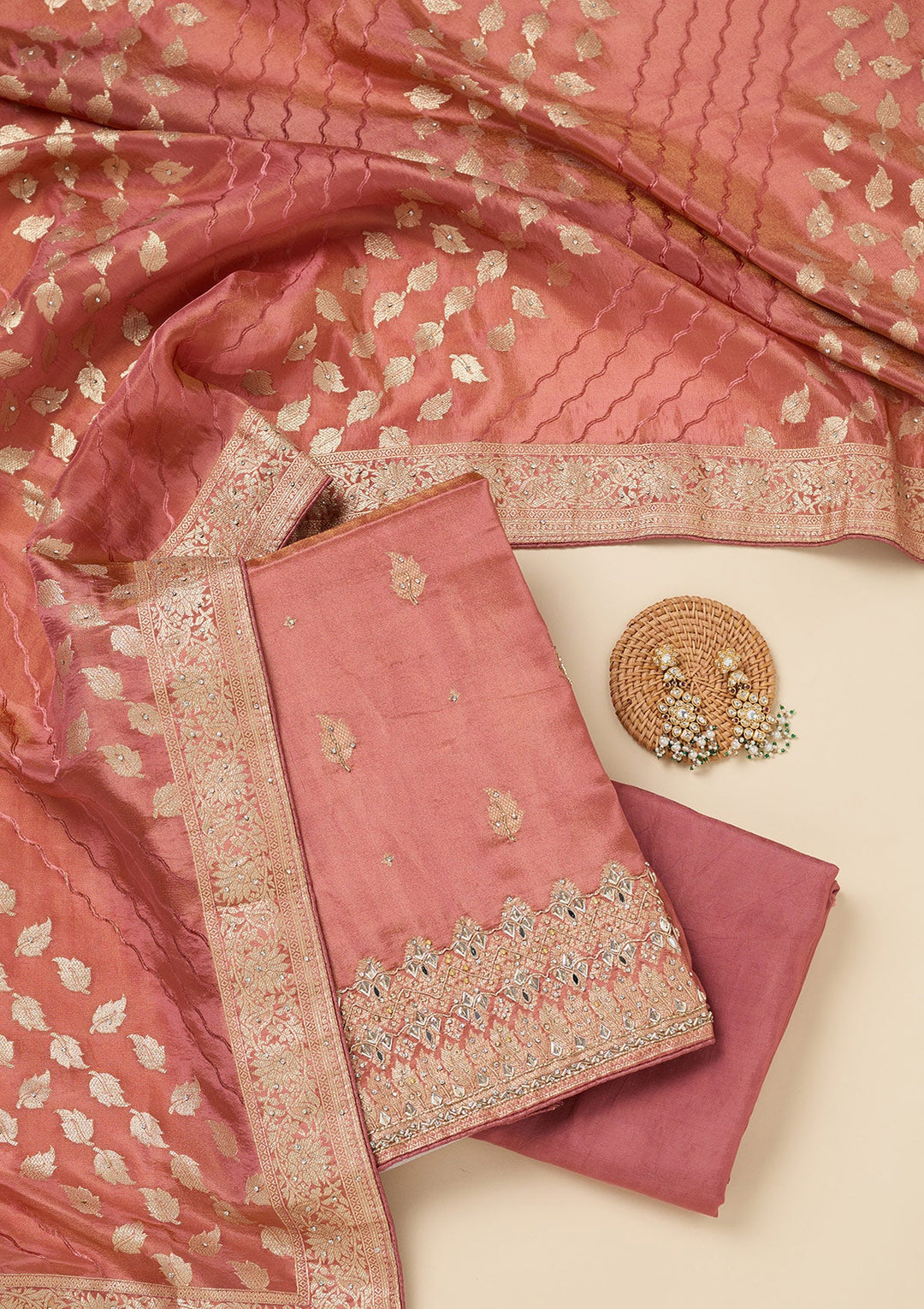 Onion Pink Stonework Dola Silk Unstitched Salwar Suit-Koskii