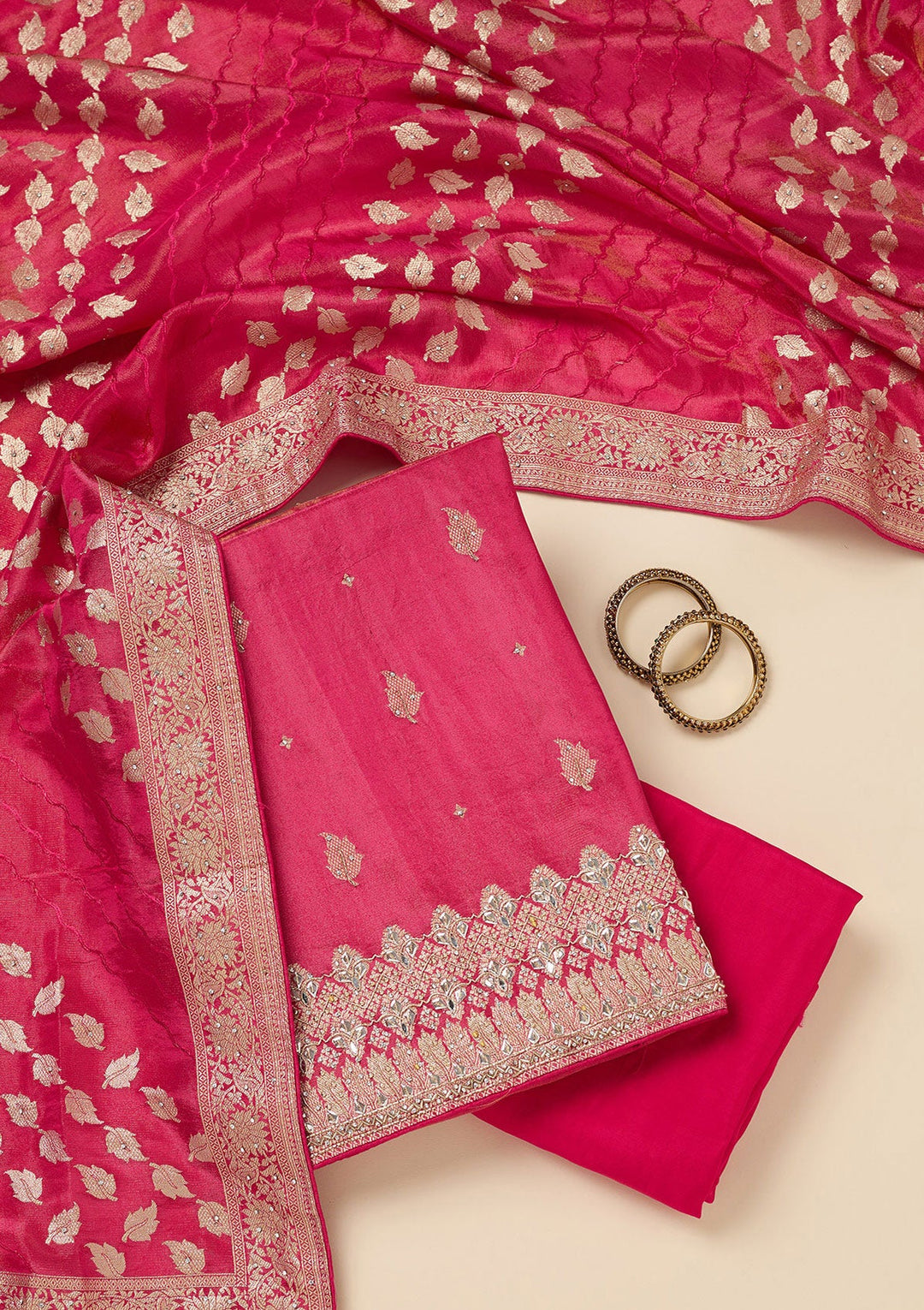 Pink Stonework Dola Silk Unstitched Salwar Suit-Koskii