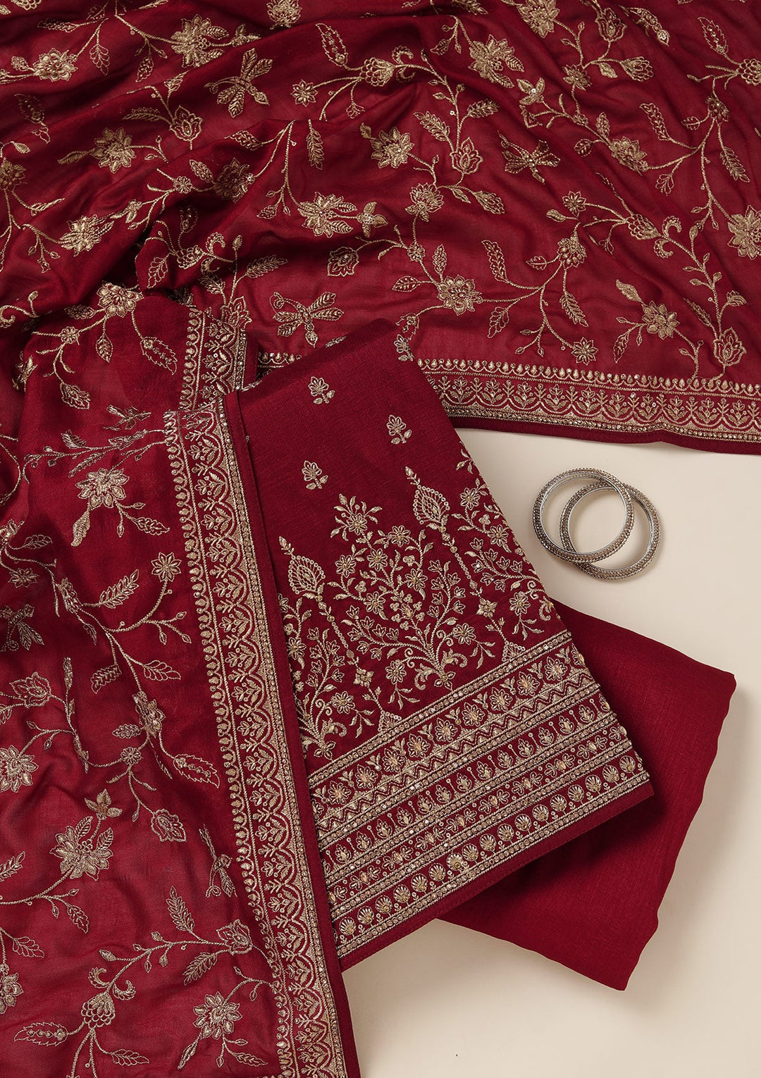 Maroon Zariwork (Gold) Soft Raw Silk Unstitched Salwar Suit_koskii