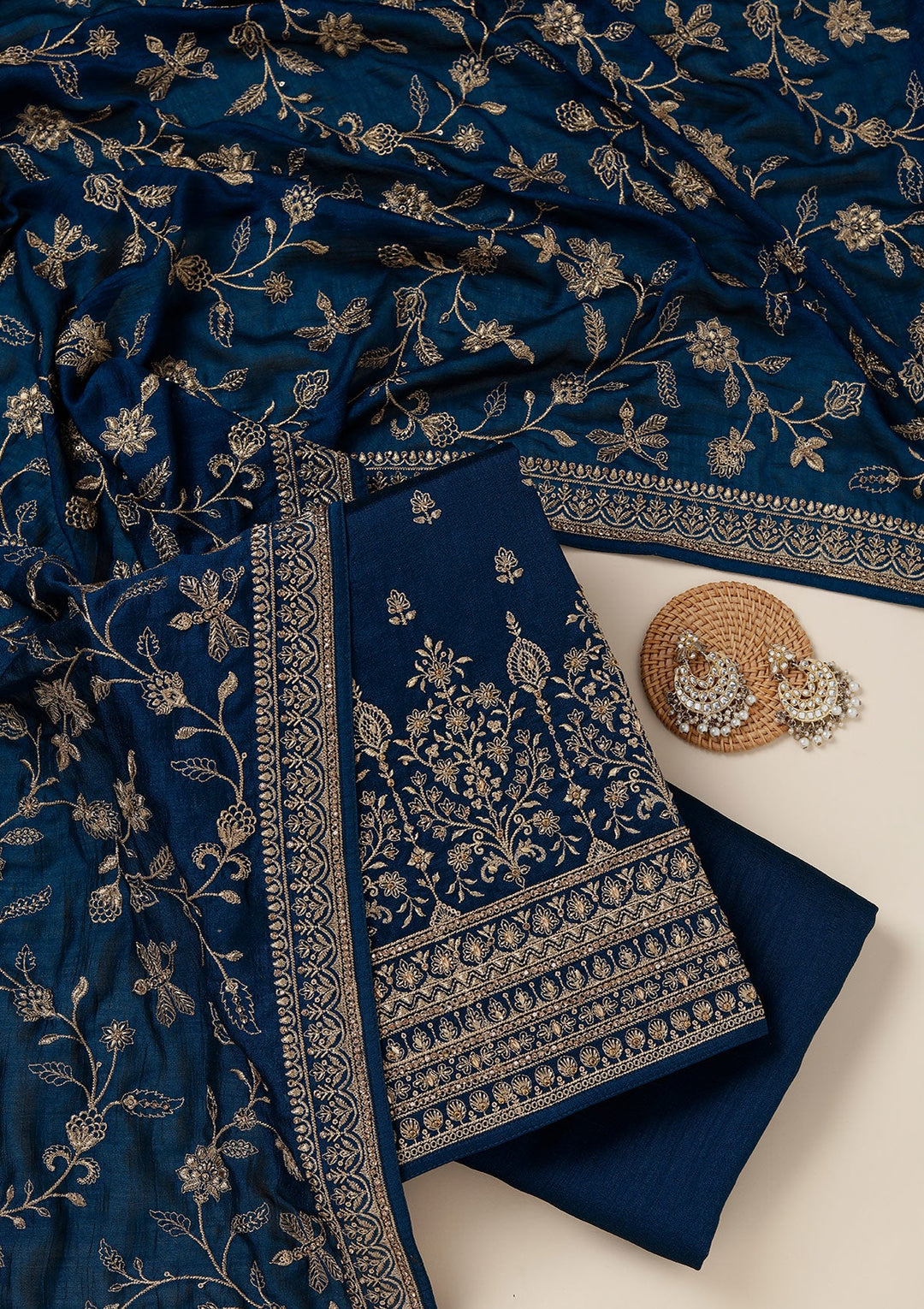 Peacock Blue Zariwork (Gold) Soft Raw Silk Unstitched Salwar Suit_koskii