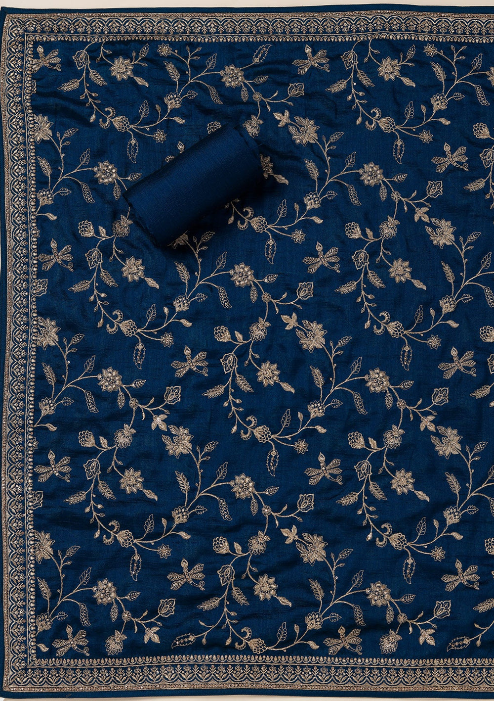 Peacock Blue Zariwork (Gold) Soft Raw Silk Unstitched Salwar Suit_koskii