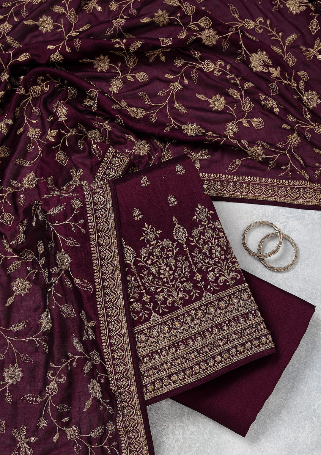 Wine Zariwork (Gold) Soft Raw Silk Unstitched Salwar Suit_koskii