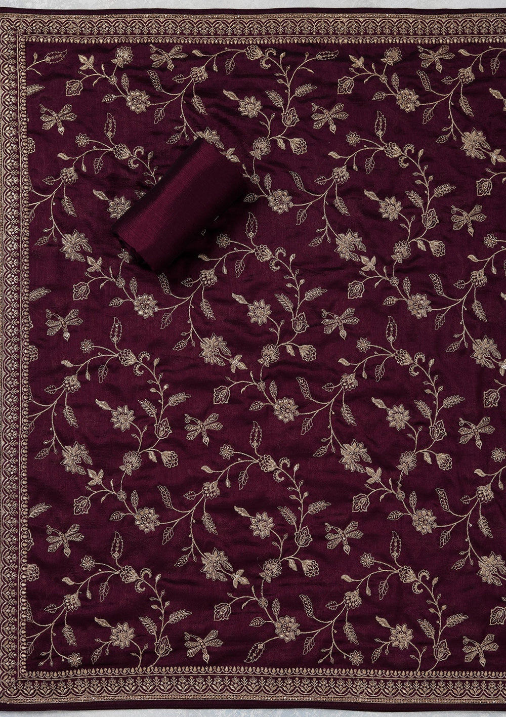 Wine Zariwork (Gold) Soft Raw Silk Unstitched Salwar Suit_koskii