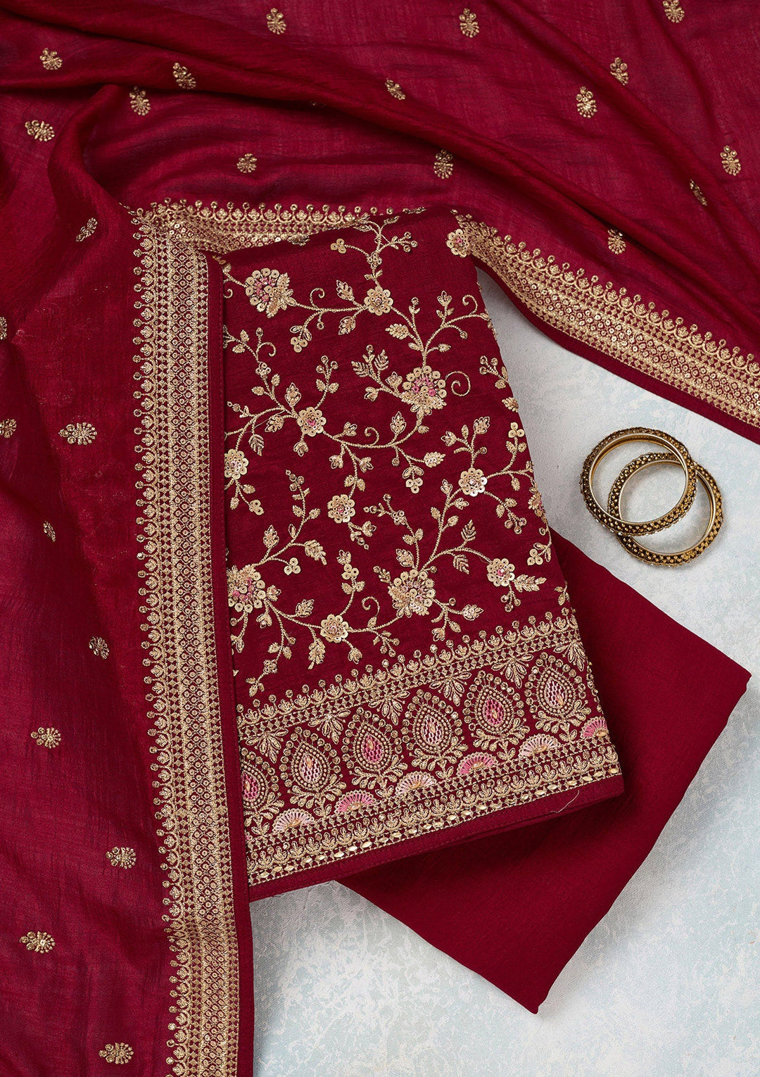 Maroon Zariwork (Gold) Soft Raw Silk Unstitched Salwar Suit-Koskii