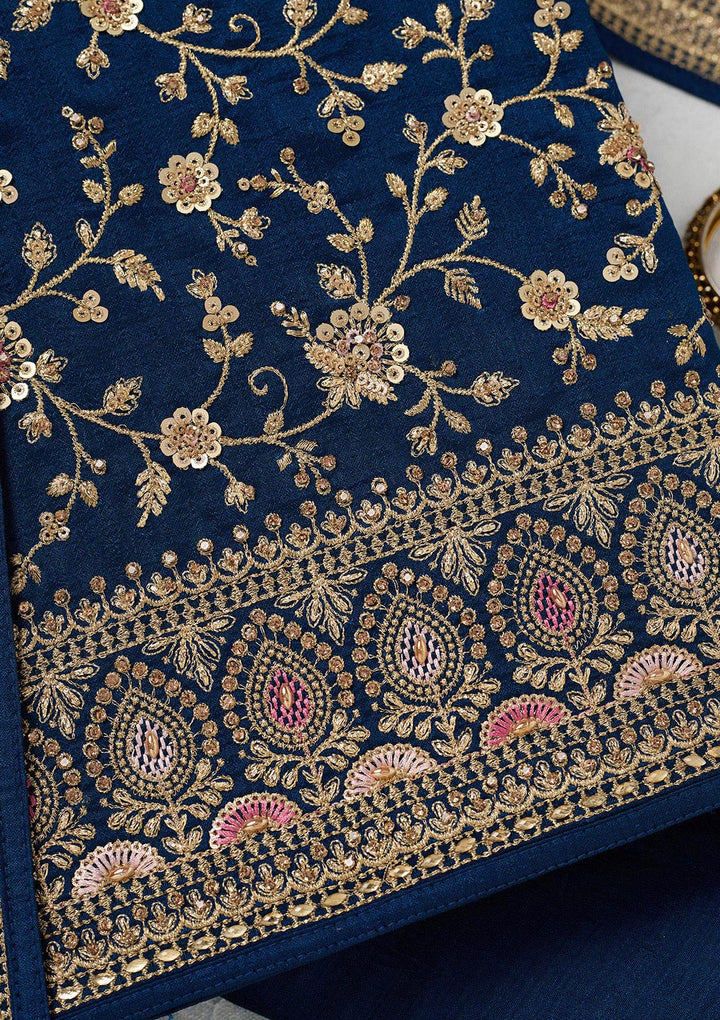 Peacock Blue Zariwork (Gold) Soft Raw Silk Unstitched Salwar Suit-Koskii