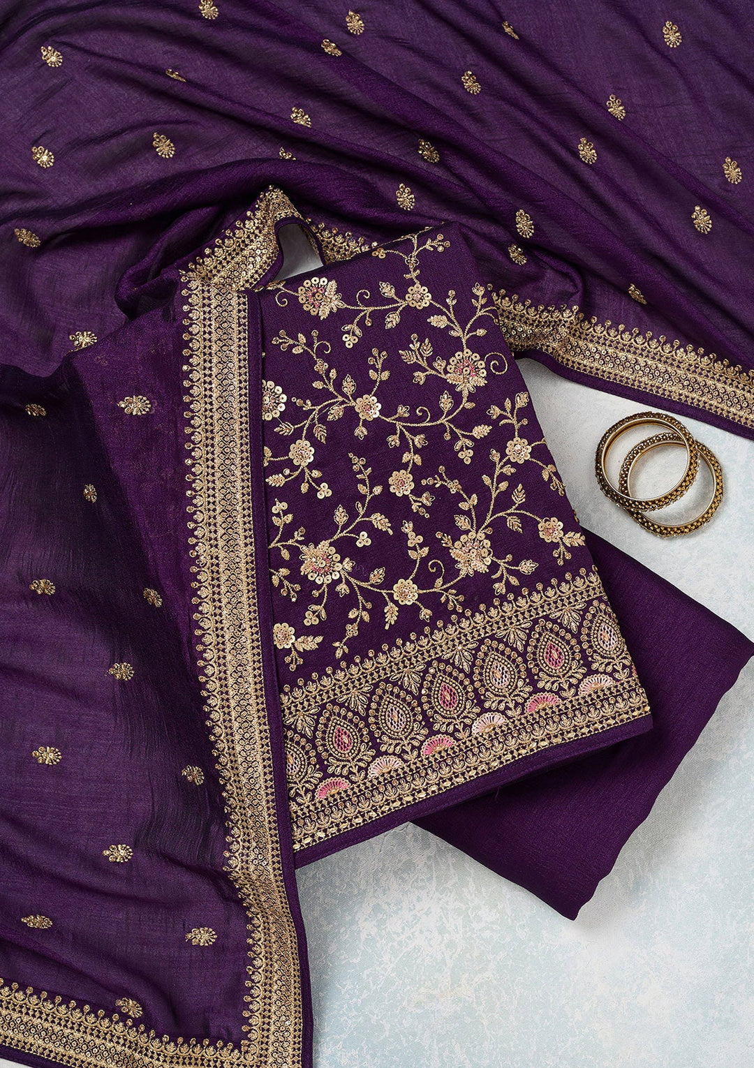 Purple Zariwork (Gold) Soft Raw Silk Unstitched Salwar Suit-Koskii