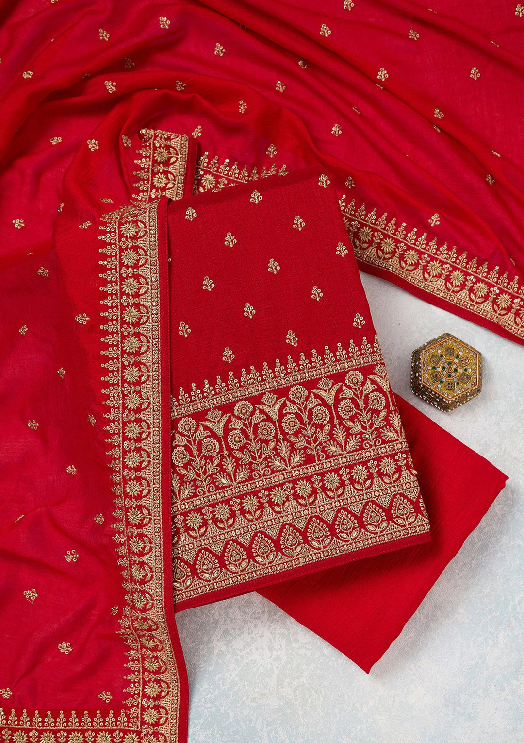 Red Zariwork (Gold) Soft Raw Silk Unstitched Salwar Suit-Koskii