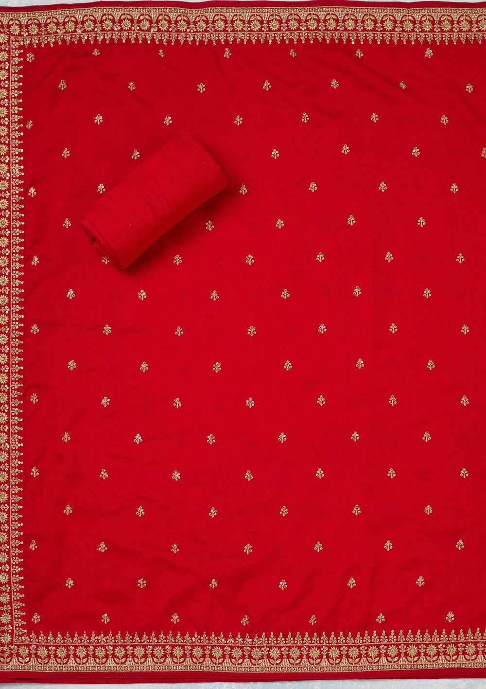 Red Zariwork (Gold) Soft Raw Silk Unstitched Salwar Suit-Koskii