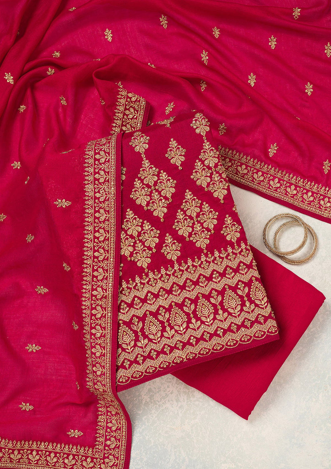 Rani Pink Zariwork (Gold) Soft Raw Silk Unstitched Salwar Suit-Koskii